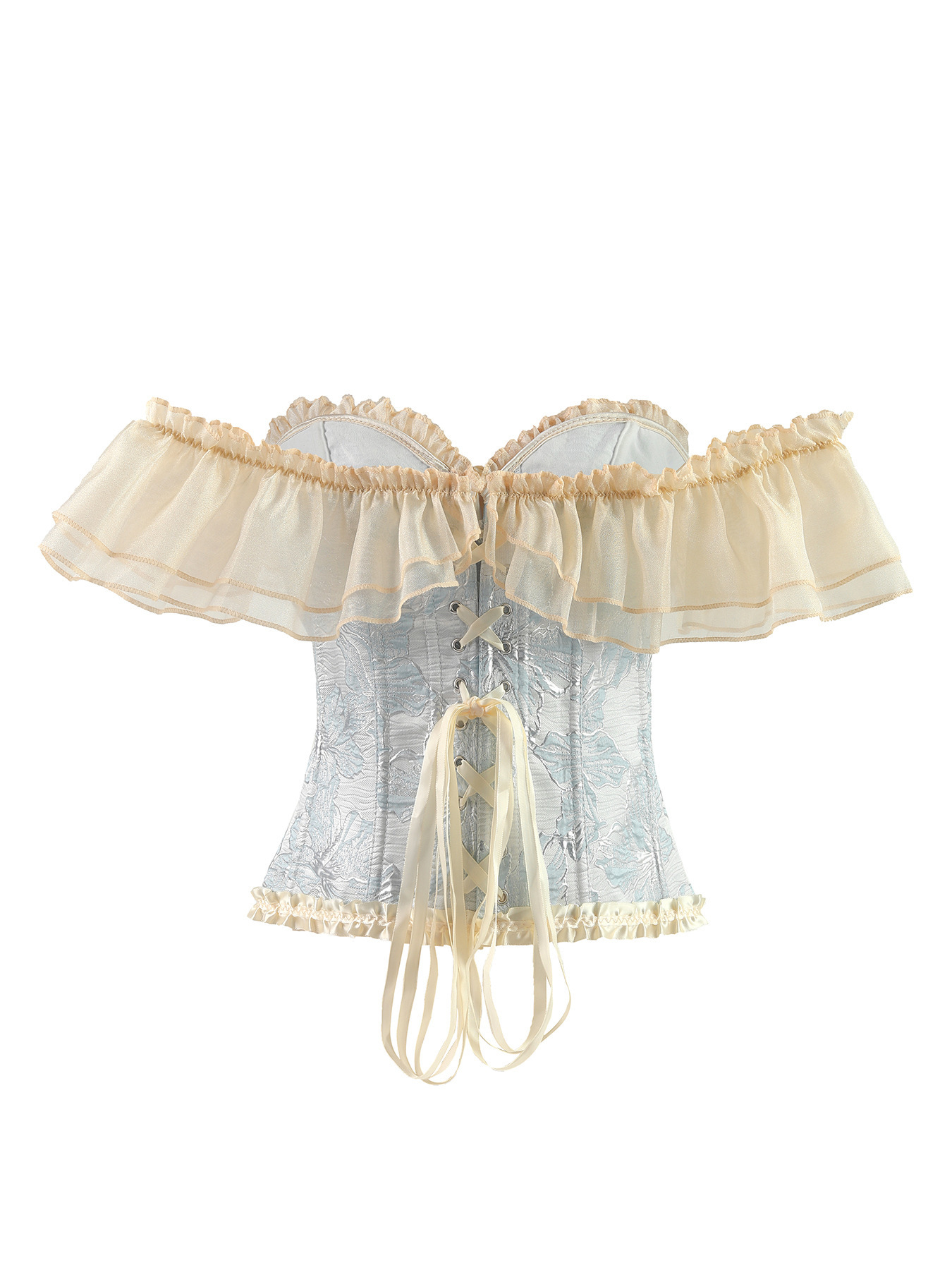 Sexy Off Shoulder Floral Jacquard Corset Ruffle Mesh Sleeve Back Lace Up Bustier
